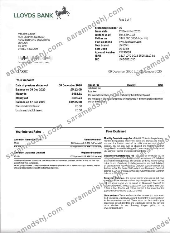 United Kingdom Lloyds bank proof of address statement template, fully editable in PSD format